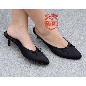 ZARA Embellished Bow Detail Mules NWT – Black Satin Heeled Slides, Sz 7.5